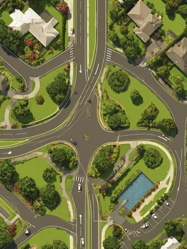 Highway engineering design drawing showing road geometry and infrastructure details